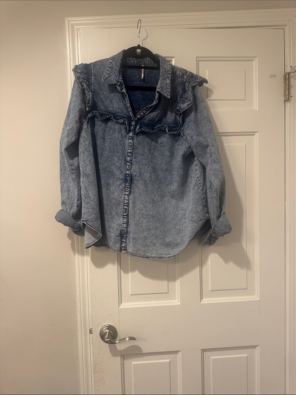 Free People Light Blue Ruffled Denim Button-Down Shirt